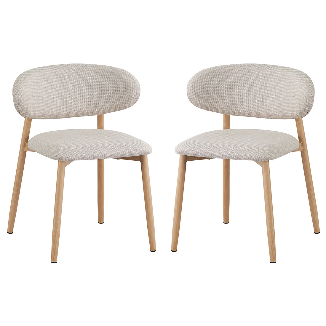 Audrey Curved Fabric Dining Chair Set of 2 in Beige, featuring gently rounded upholstered backrests, padded seats, and slightly splayed solid-wood legs, exuding contemporary elegance perfect for dining or accent seating.