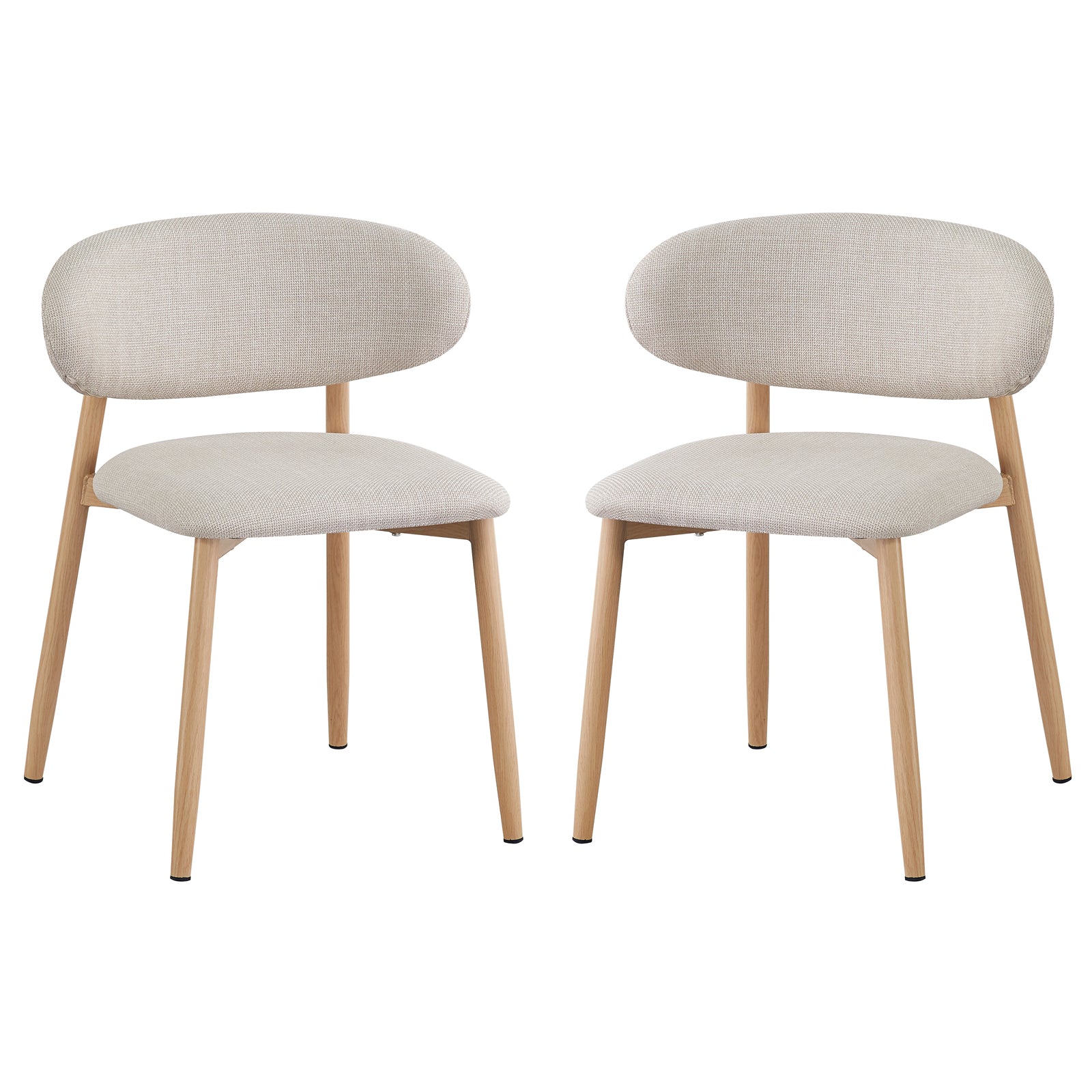 Audrey Curved Fabric Dining Chair Set of 2 in Beige, featuring gently rounded upholstered backrests, padded seats, and slightly splayed solid-wood legs, exuding contemporary elegance perfect for dining or accent seating.