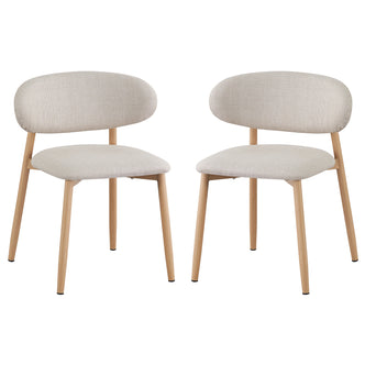 Audrey Curved Fabric Dining Chair Set of 2 in Beige, featuring gently rounded upholstered backrests, padded seats, and slightly splayed solid-wood legs, exuding contemporary elegance perfect for dining or accent seating.