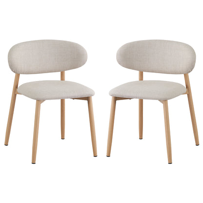 Audrey Curved Fabric Dining Chair Set of 2 in Beige, featuring gently rounded upholstered backrests, padded seats, and slightly splayed solid-wood legs, exuding contemporary elegance perfect for dining or accent seating.