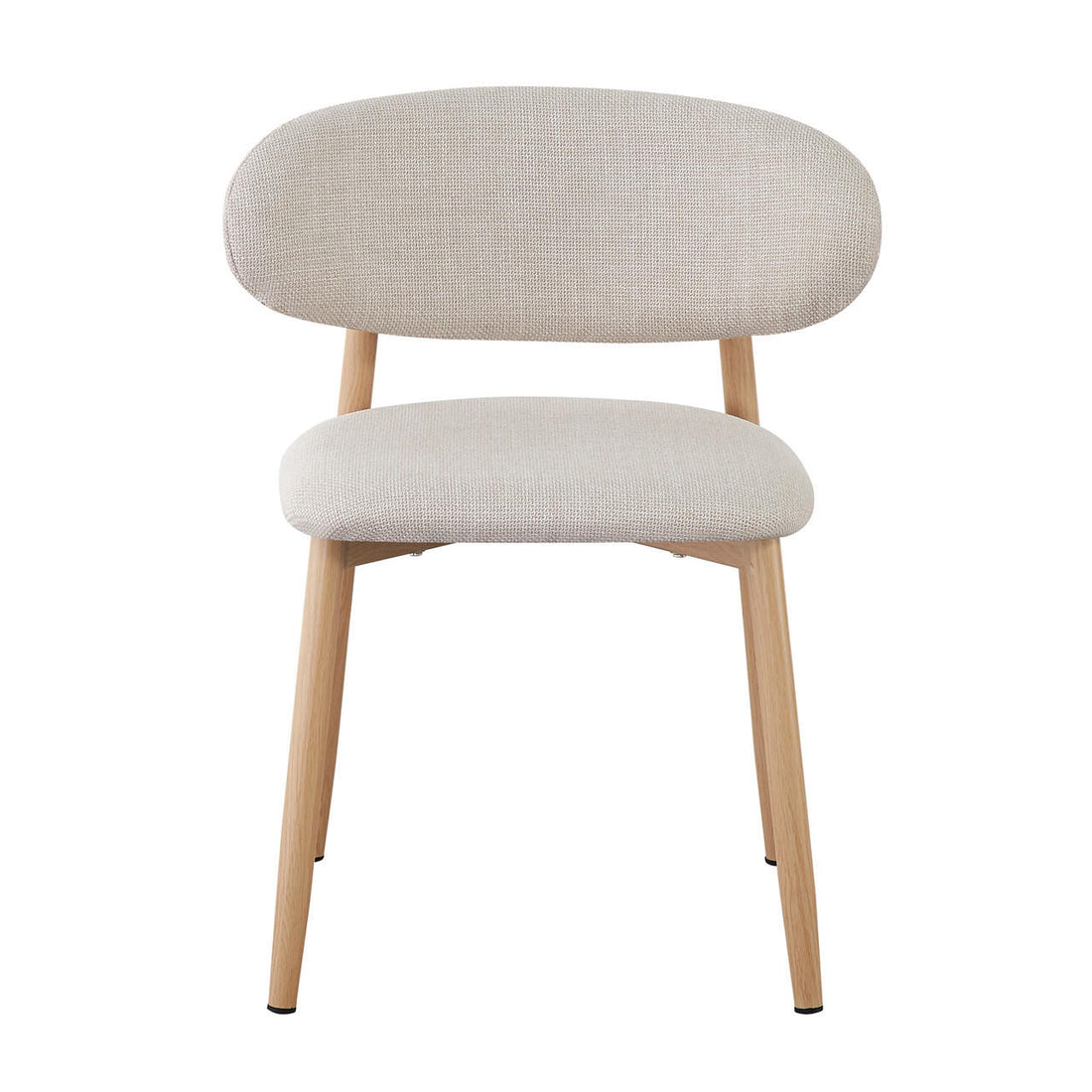 Audrey Curved Fabric Dining Chair Set of 2 in Beige features a light-beige upholstered seat and oval backrest, textured fabric, and four lightly stained wooden legs, embodying a minimalist, mid-century style.