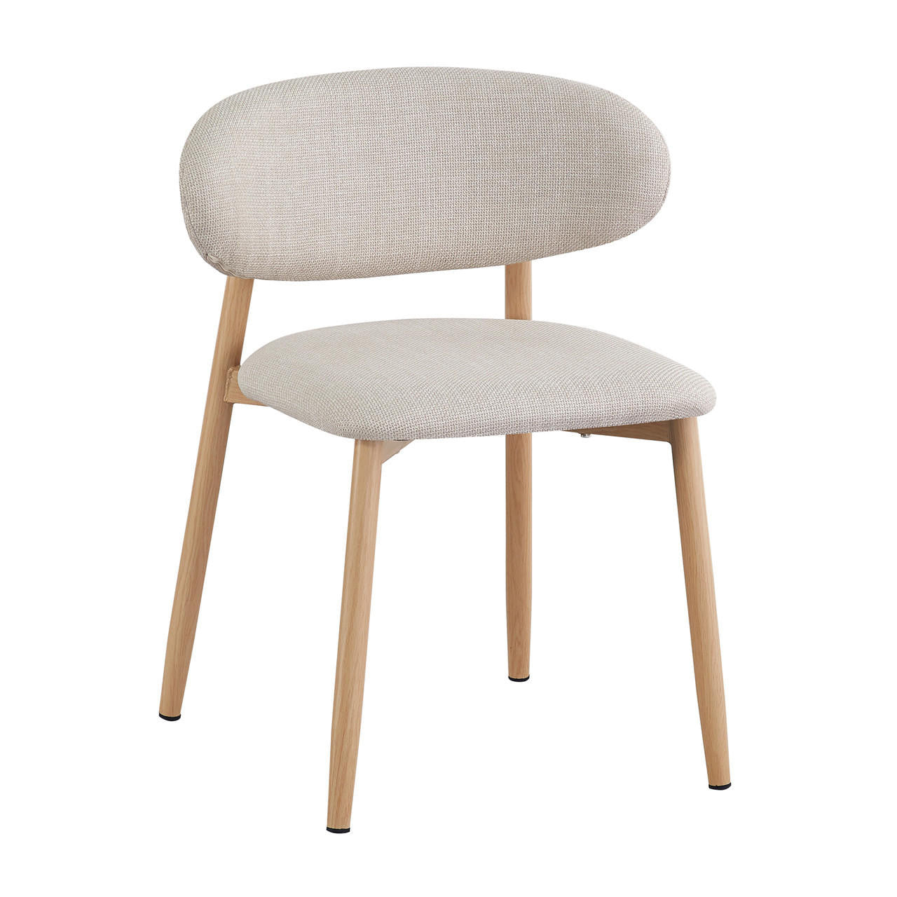 Audrey Curved Fabric Dining Chair Set of 2 in Beige features light wood legs, softly upholstered off-white fabric seat, and curved backrest, offering a modern look with comfortable, plush foam padding.