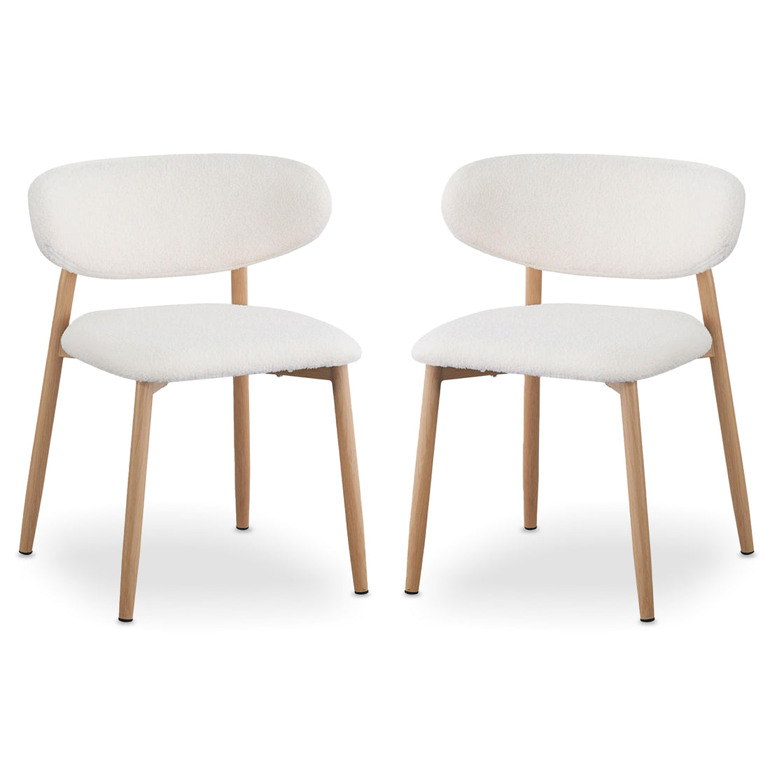 Audrey Curved Fabric Dining Chair Set of 2 in Cream White features rounded backrests, white bouclé upholstery, and tapered light-wood legs, suitable for contemporary or Scandinavian-inspired interiors.