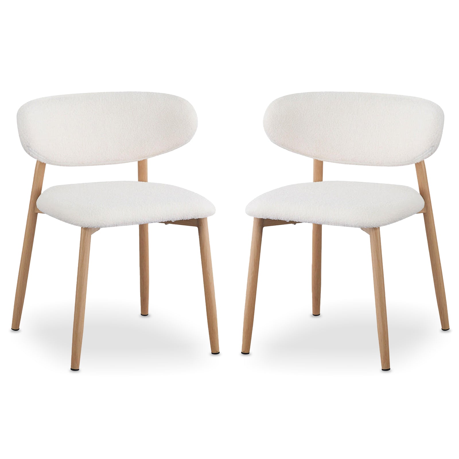 Audrey Curved Fabric Dining Chair Set of 2 in Cream White features rounded backrests, white bouclé upholstery, and tapered light-wood legs, suitable for contemporary or Scandinavian-inspired interiors.