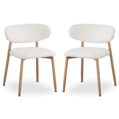Audrey Curved Fabric Dining Chair Set of 2 in Cream White features rounded backrests, white bouclé upholstery, and tapered light-wood legs, suitable for contemporary or Scandinavian-inspired interiors.