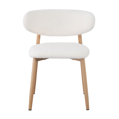 Audrey Curved Fabric Dining Chair Set of 2 in Cream White features textured boucle upholstery, softly rounded padded seats, and sleek gold chrome-finished legs, offering a modern, elegant design for dining spaces.