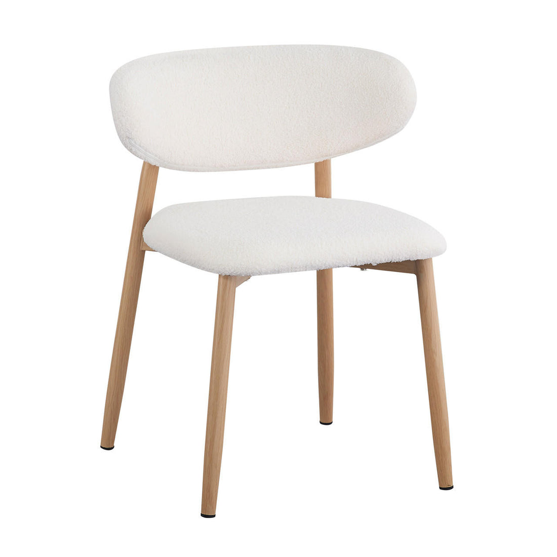 Audrey Curved Fabric Dining Chair Set of 2 in Cream White features a modern design with curved, padded backrests and seats in soft bouclé fabric, supported by slightly splayed light-wood legs.