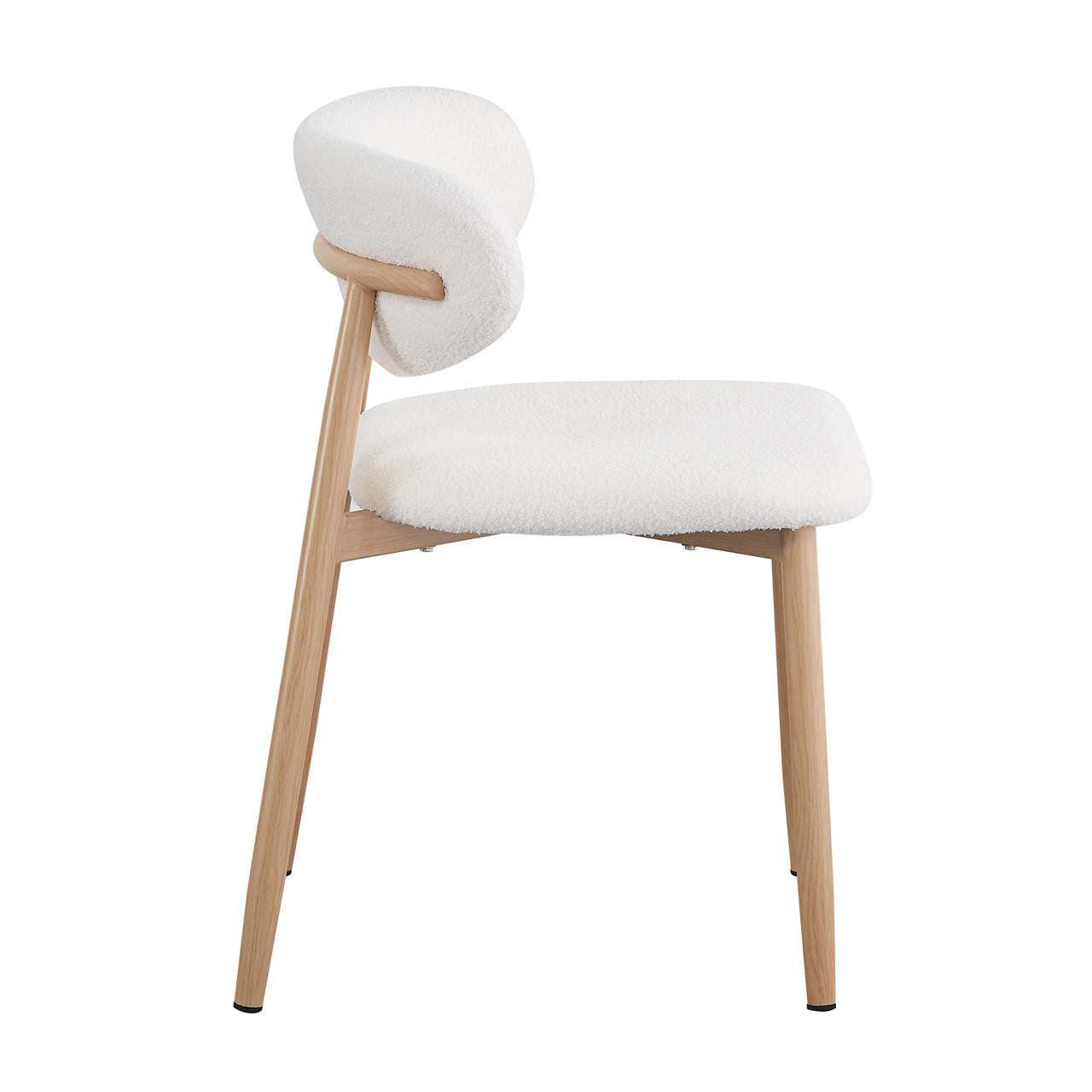 Audrey Curved Fabric Dining Chair Set of 2 in Cream White, featuring soft bouclé upholstery, curved backrest, and light wooden frame with tapered legs, offering a blend of elegance and comfort.