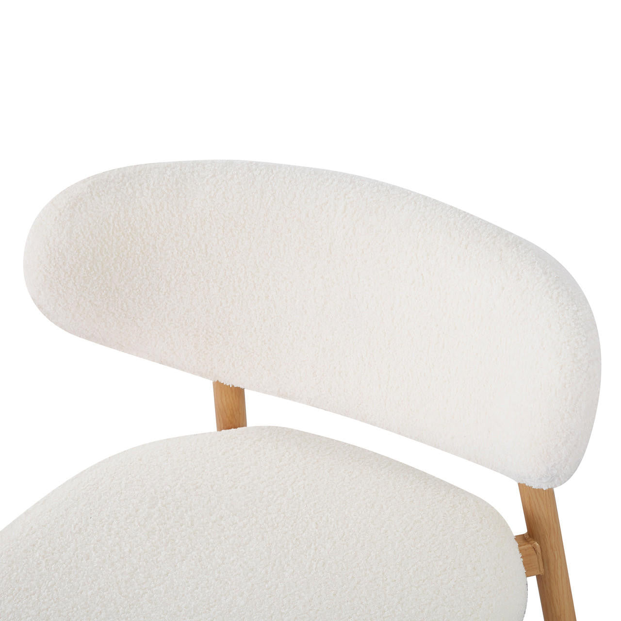 Audrey Curved Fabric Dining Chair Set of 2 in Cream White, featuring padded backrest and seat in off-white bouclé fabric, complemented by a light wood frame, exuding modern elegance and comfort.