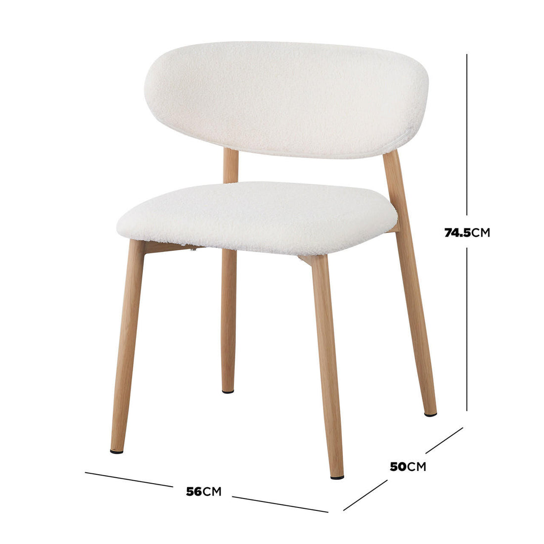 Audrey Curved Fabric Dining Chair Set of 2 in Cream White, featuring armless design, curved back, padded off-white bouclé seat, and light-wood legs. Dimensions and elegant style enhance dining comfort.