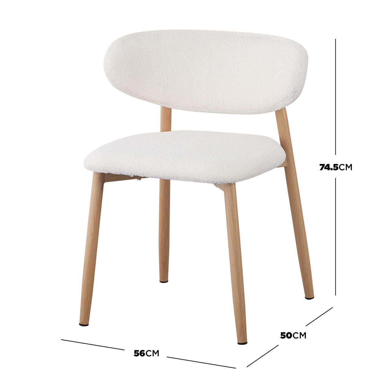 Audrey Curved Fabric Dining Chair Set of 2 in Cream White, featuring armless design, curved back, padded off-white bouclé seat, and light-wood legs. Dimensions and elegant style enhance dining comfort.