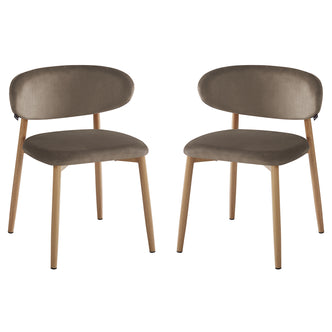 Pair of Audrey Fabric Dining Chair Espresso Brown Set of 2, featuring light-wood-looking metal legs, plush foam padding, and oval backrests upholstered in smooth taupe/grey velvet fabric for a sophisticated dining experience.