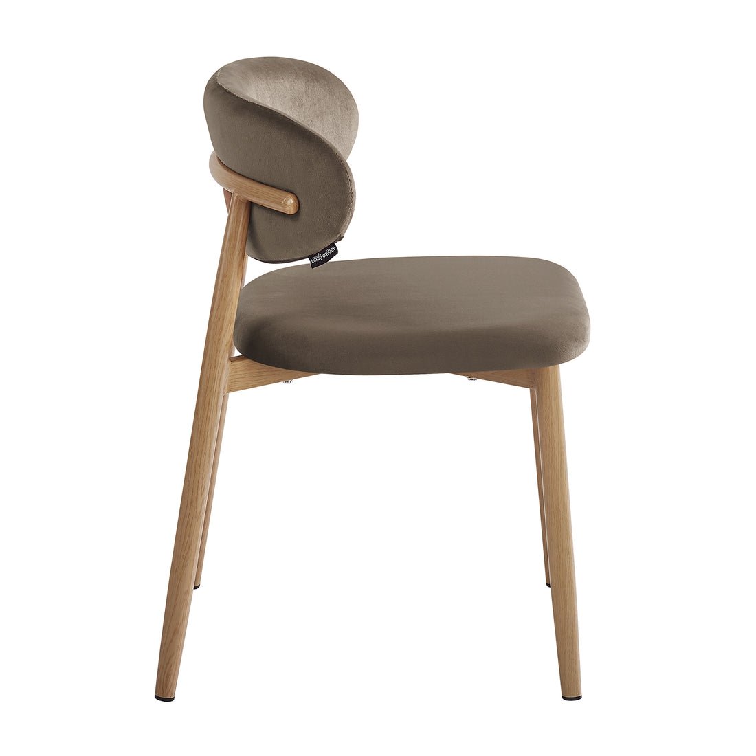 Audrey Fabric Dining Chair Espresso Brown Set of 2 features a modern design with a padded taupe-gray upholstered seat, curved backrest, and four tapered wood-look metal legs, embodying Scandinavian minimalism.