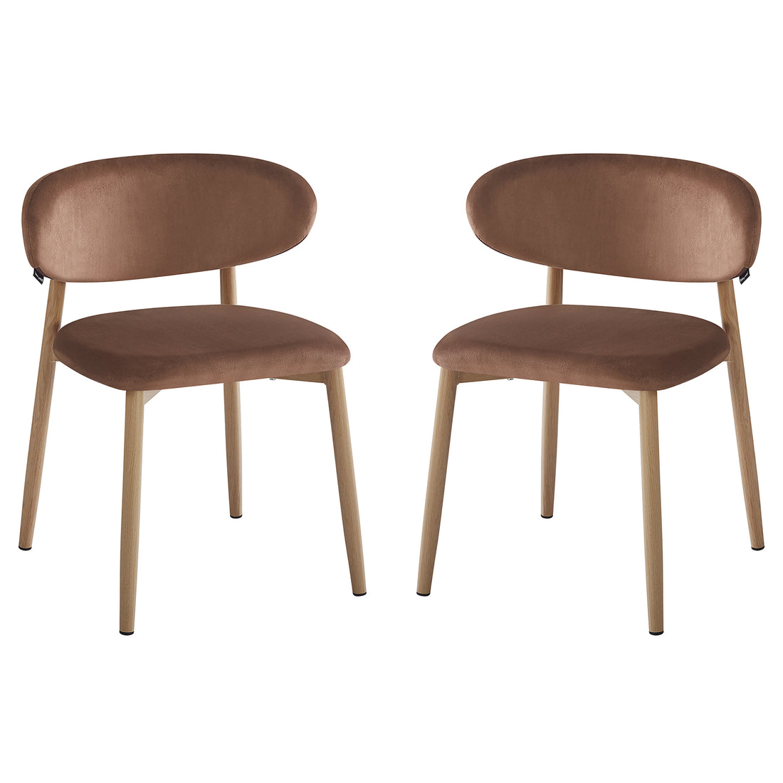 Audrey Fabric Dining Chair Mocha Mouses Set of 2 features modern dining chairs with oval backrests and padded seats on slender wood-look metal legs, offering refined style and comfort for dining spaces.