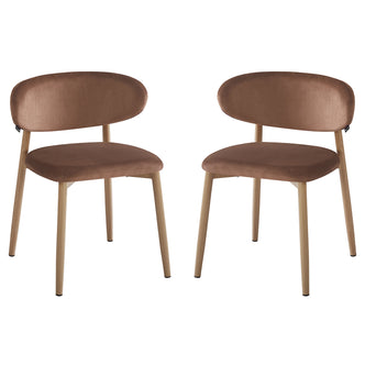 Audrey Fabric Dining Chair Mocha Mouses Set of 2 features modern dining chairs with oval backrests and padded seats on slender wood-look metal legs, offering refined style and comfort for dining spaces.