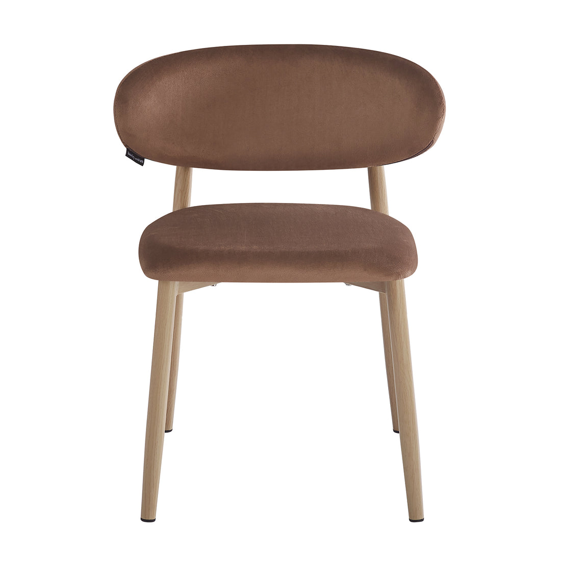 Audrey Fabric Dining Chair Mocha Mouses Set of 2, featuring a mid-century-inspired design with a rounded upholstered backrest, warm brown seat cushion, and splayed wood-look metal legs for refined dining comfort.