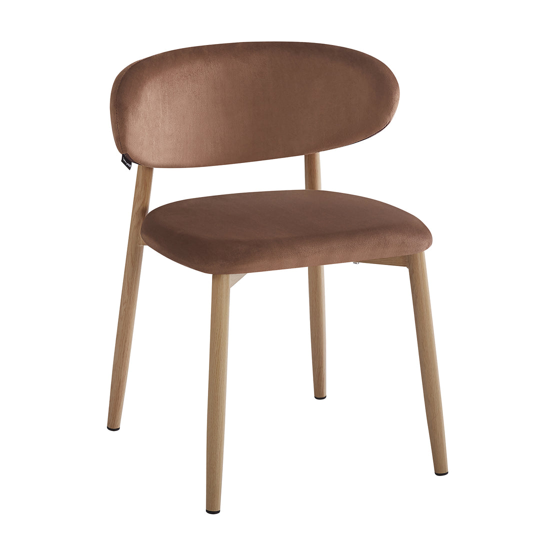 Audrey Fabric Dining Chair Mocha Mouses Set of 2, featuring a minimalist design with light-wooden-look metal legs, brown velvet upholstered seat, and oval backrest, offering elegance and comfort for dining.
