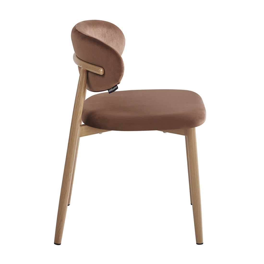 Audrey Fabric Dining Chair Mocha Mouses Set of 2 features a light wood frame, curled backrest, and warm brown upholstery. Its tapered legs and horizontal rail add modern elegance.