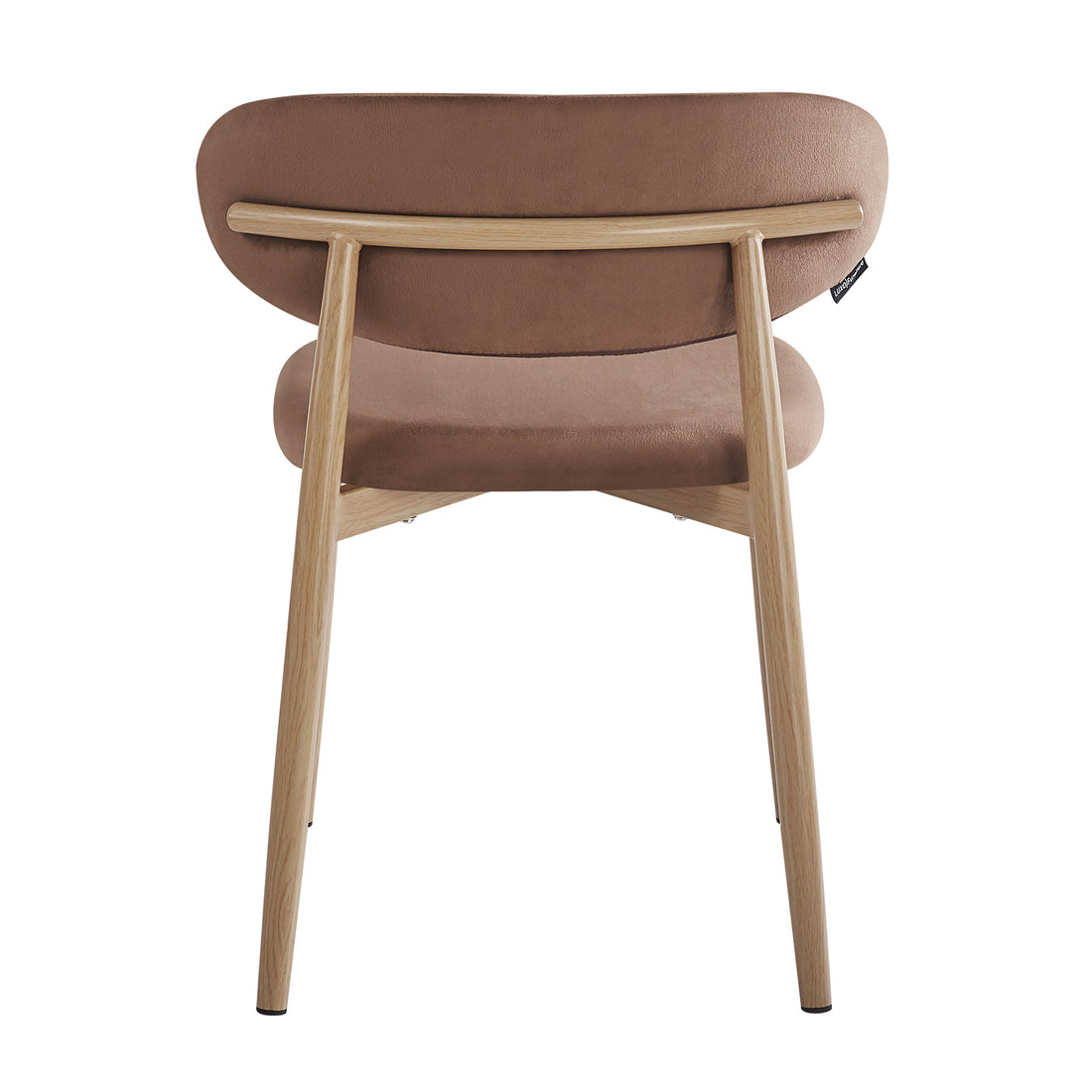 Back view of the Audrey Fabric Dining Chair Mocha Mouses Set of 2, featuring a curved upholstered backrest and seat in warm fabric, light oak-finished frame, and slender, splayed legs.