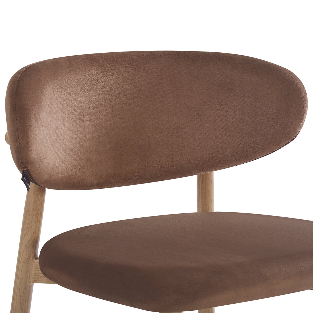 Close-up of the Audrey Fabric Dining Chair Mocha Mouses Set of 2, featuring a soft, suede-like brown seat and backrest on a light wood frame, highlighting its refined and comfortable design.