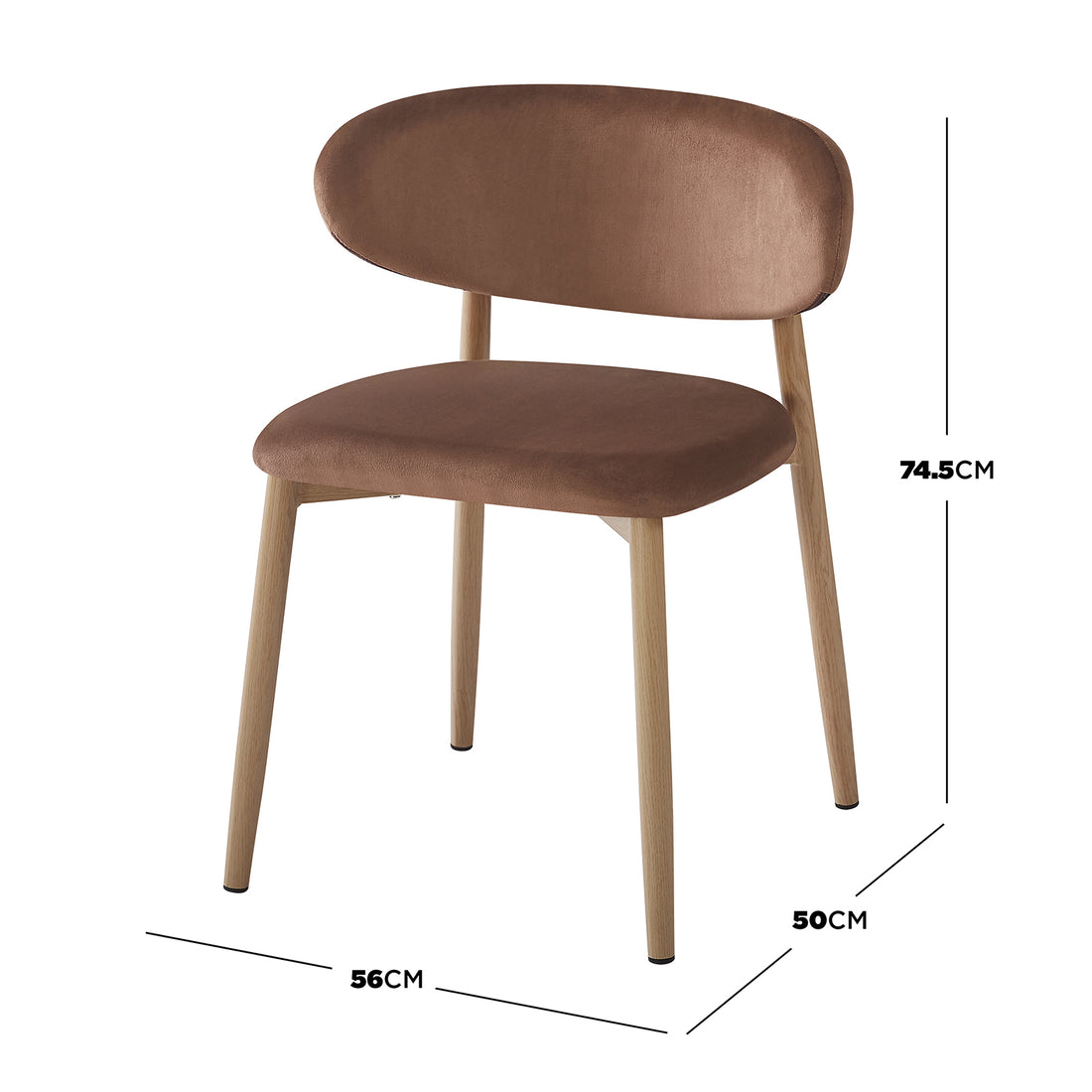 Audrey Fabric Dining Chair Mocha Mouses Set of 2 features a curved backrest, warm brown fabric, and straight light-wood-look legs, offering a stylish and comfortable dining seating solution.