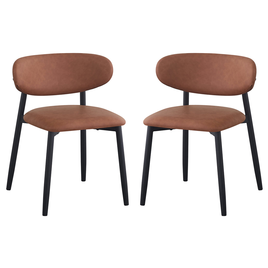 Audrey Curved Leather Dining Chair Set of 2 in Tan, featuring oval backrests, padded seats in warm faux leather, and slender matte black legs, showcasing a modern, elegant design.