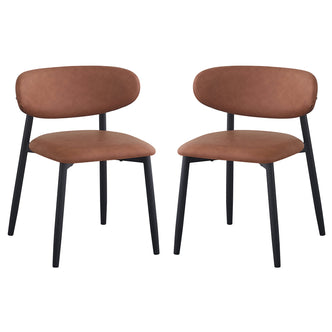 Audrey Curved Leather Dining Chair Set of 2 in Tan, featuring oval backrests, padded seats in warm faux leather, and slender matte black legs, showcasing a modern, elegant design.