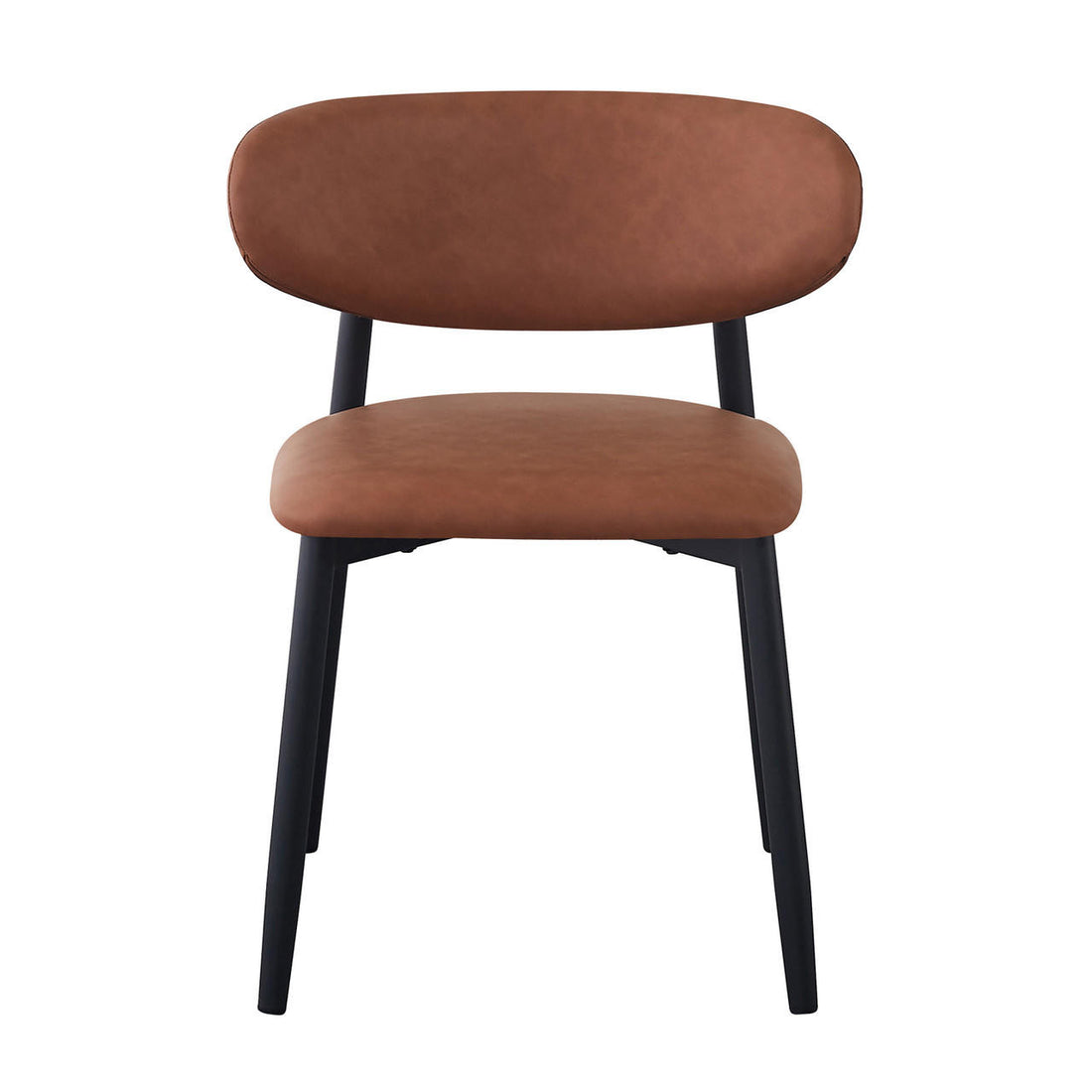 Audrey Curved Leather Dining Chair Set of 2 in Tan features a modern design with a padded backrest and seat in warm brown, supported by slim, tapered matte black legs.