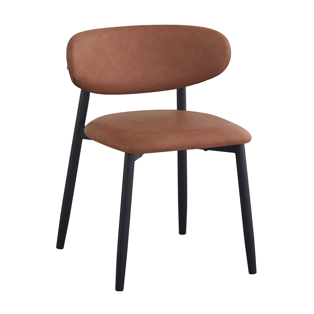 Audrey Curved Leather Dining Chair Set of 2 in Tan features a sleek design with padded brown seat and backrest, complemented by slender black legs, ideal for modern dining spaces.