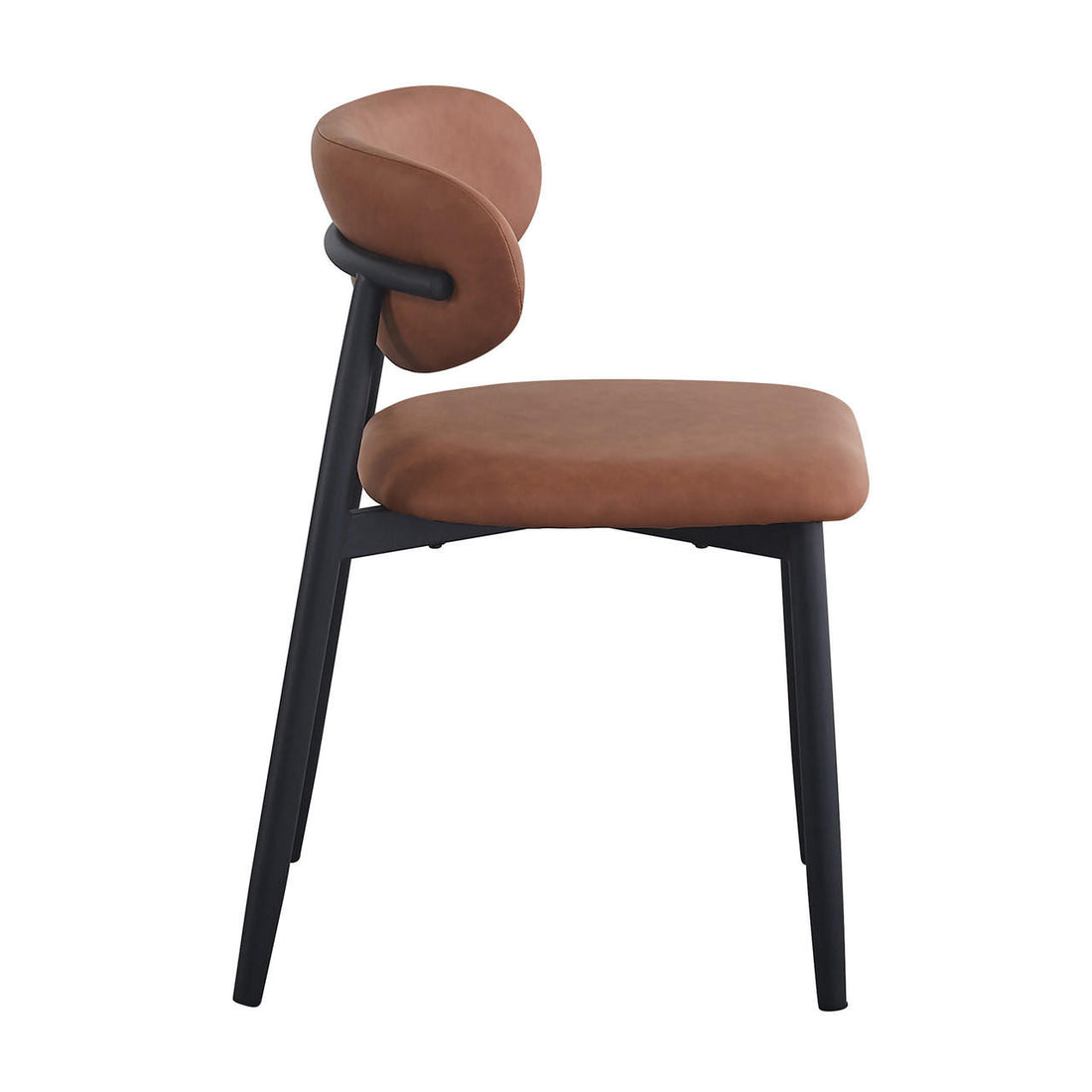 Audrey Curved Leather Dining Chair Set of 2 in Tan features a cognac-brown cushioned seat and curved backrest on slim black metal legs, merging modern design with everyday comfort.