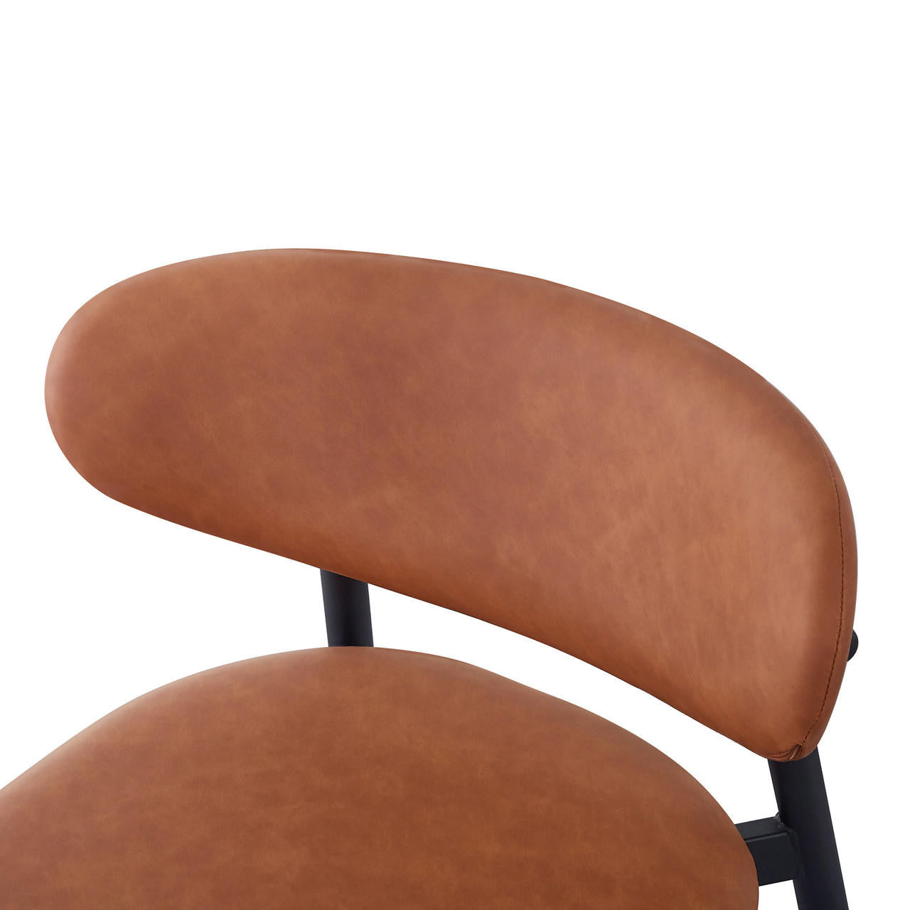 Audrey Curved Leather Dining Chair Set of 2 in Tan, featuring padded tan-brown faux leather cushions and backrests on a sturdy black metal frame, showcasing modern design and comfort.