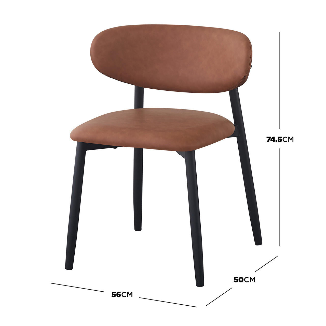 Audrey Curved Leather Dining Chair Set of 2 in Tan, featuring warm brown faux-leather upholstery, curved backrest, rounded seat, and four tapering black metal legs, perfect for modern dining spaces.