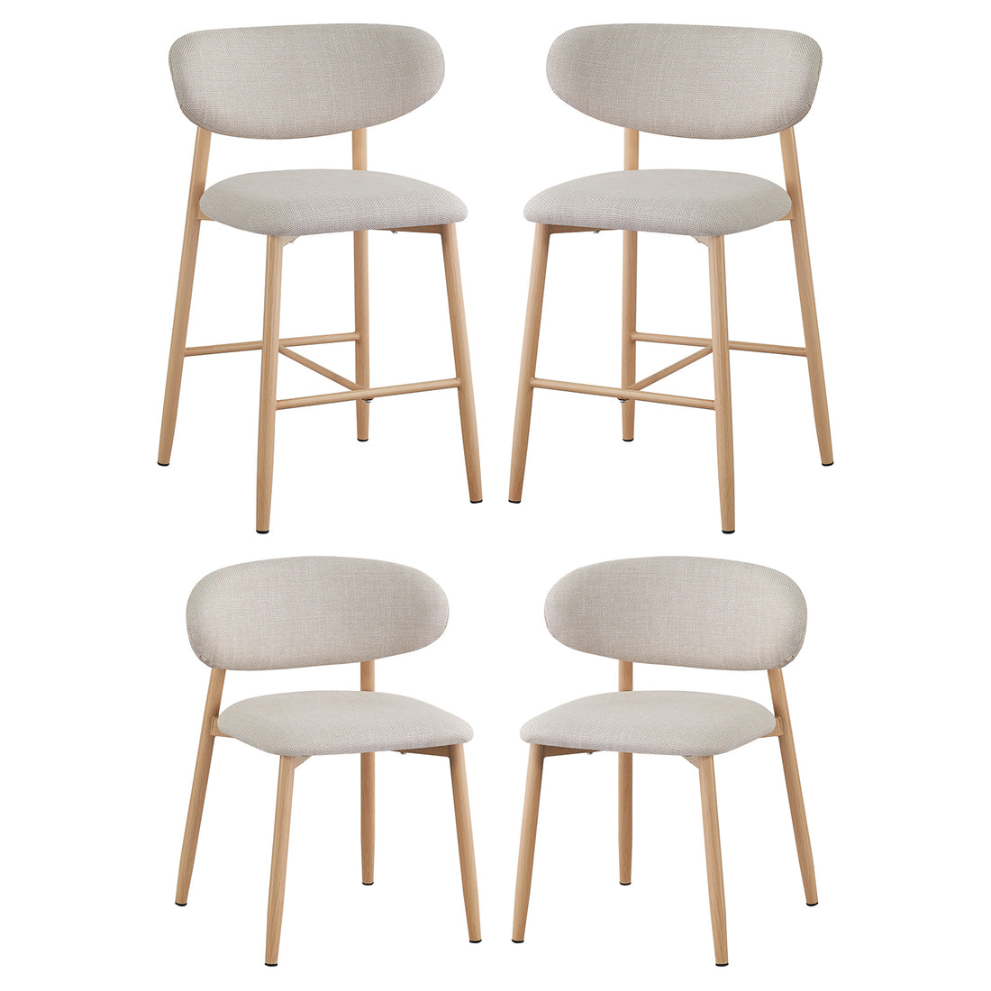 Audrey Curved Dining Chair & Bar Stool Bundle – Sets of 2 & 4, featuring modern light-wood frames with elegantly curved upholstered seats, includes counter-height stools and regular dining chairs.