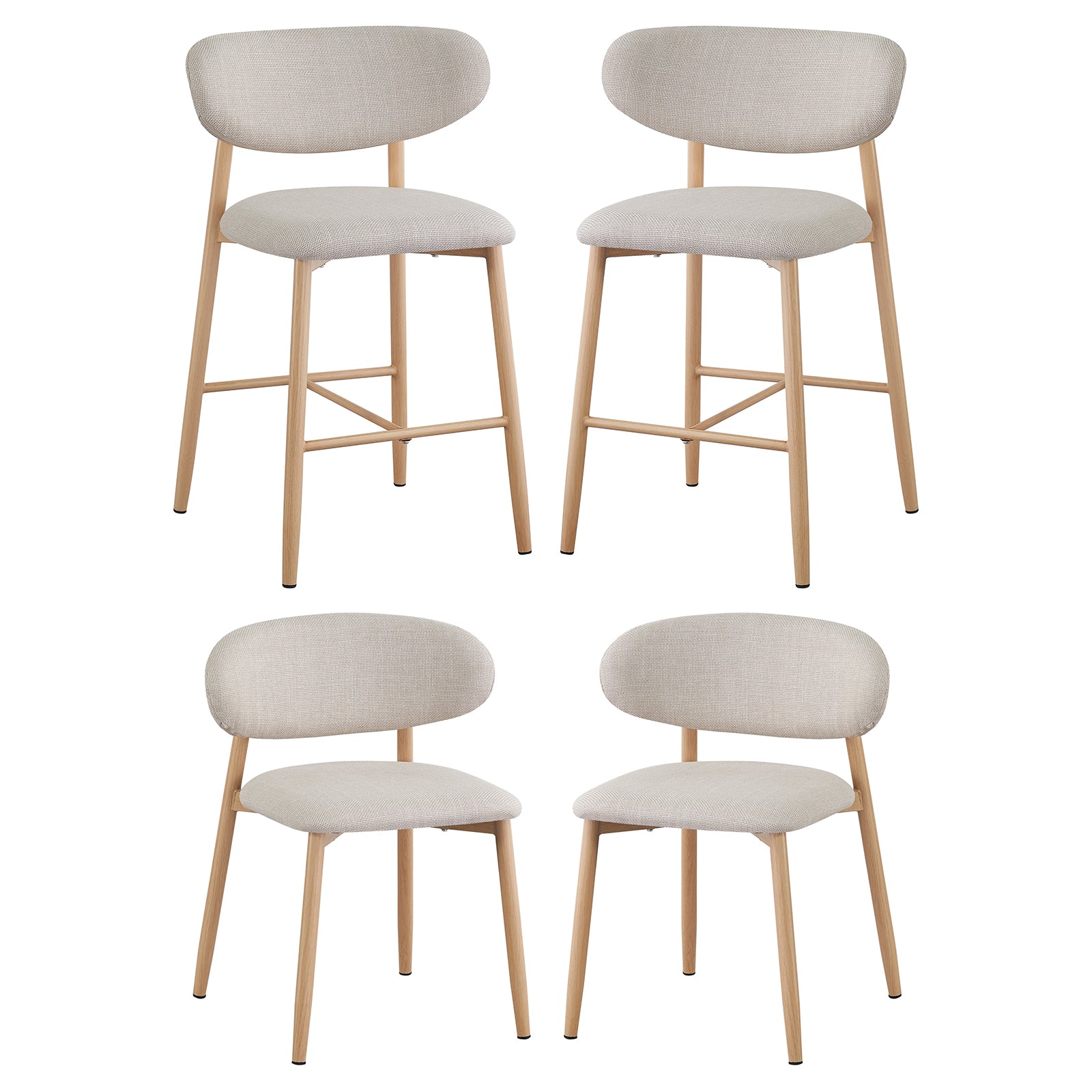 Audrey Curved Dining Chair & Bar Stool Bundle – Sets of 2 & 4, featuring modern light-wood frames with elegantly curved upholstered seats, includes counter-height stools and regular dining chairs.