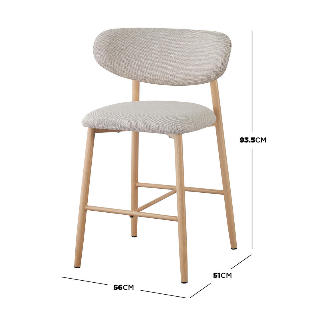Audrey Curved Bar Stool & Dining Chair Set of 4 in Beige features light wood frames, gently curved upholstered backrests, and seats. Stools have cross-stretchers as footrests, offering cohesive, stylish seating.