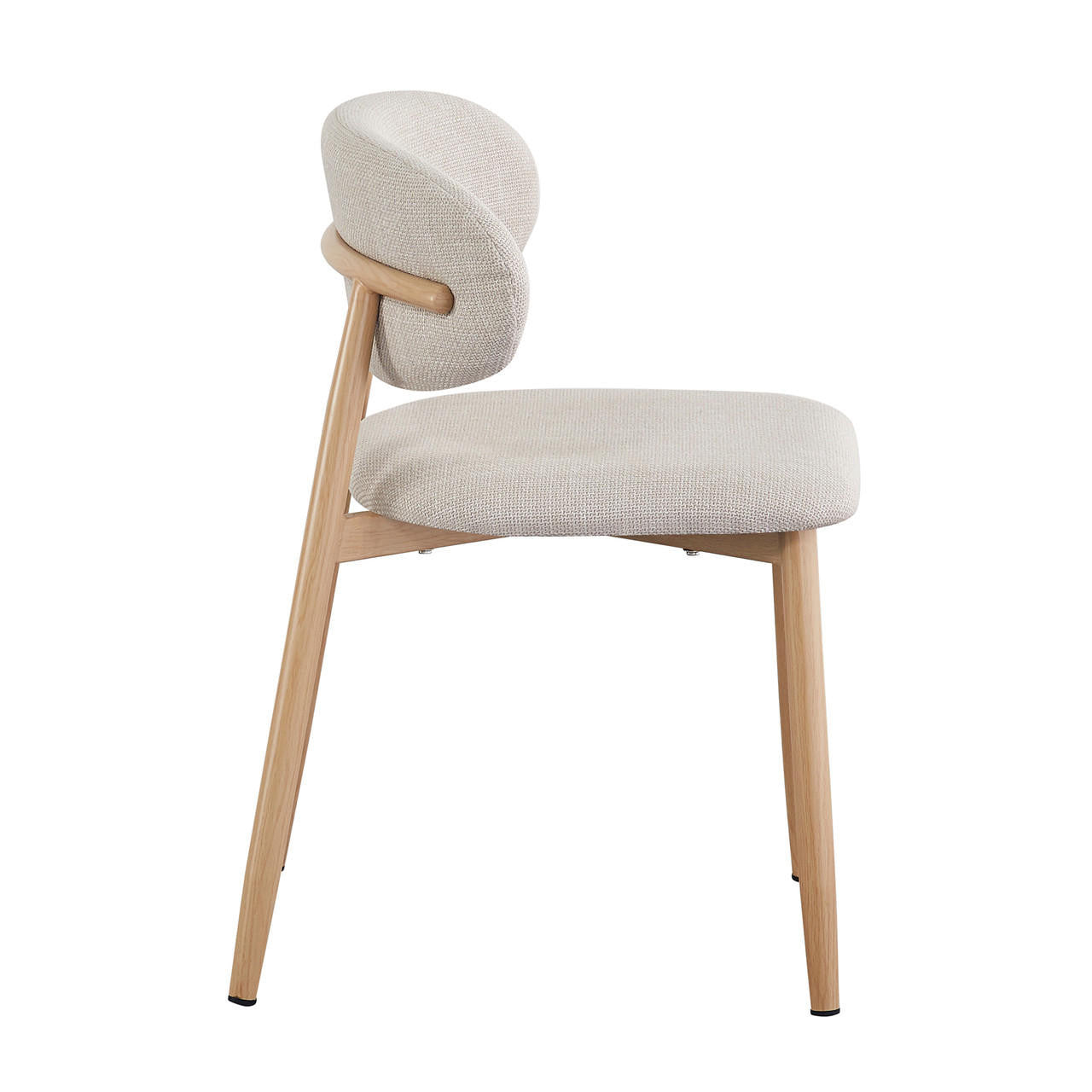 Audrey Curved Bar Stool & Dining Chair Set of 4 in Beige features light wood legs, a softly upholstered beige seat, and a curved, padded backrest, perfect for modern, minimalist interiors.