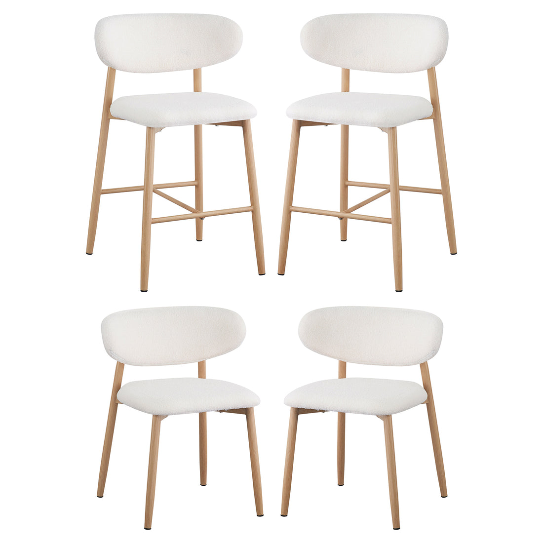 Audrey Bar Stool and Dining Chair (Set of 4) - Cream White featuring light wood frames, plush white bouclé upholstery, two counter-height stools with footrests, and two standard dining chairs with elegant gold chrome-accented legs.