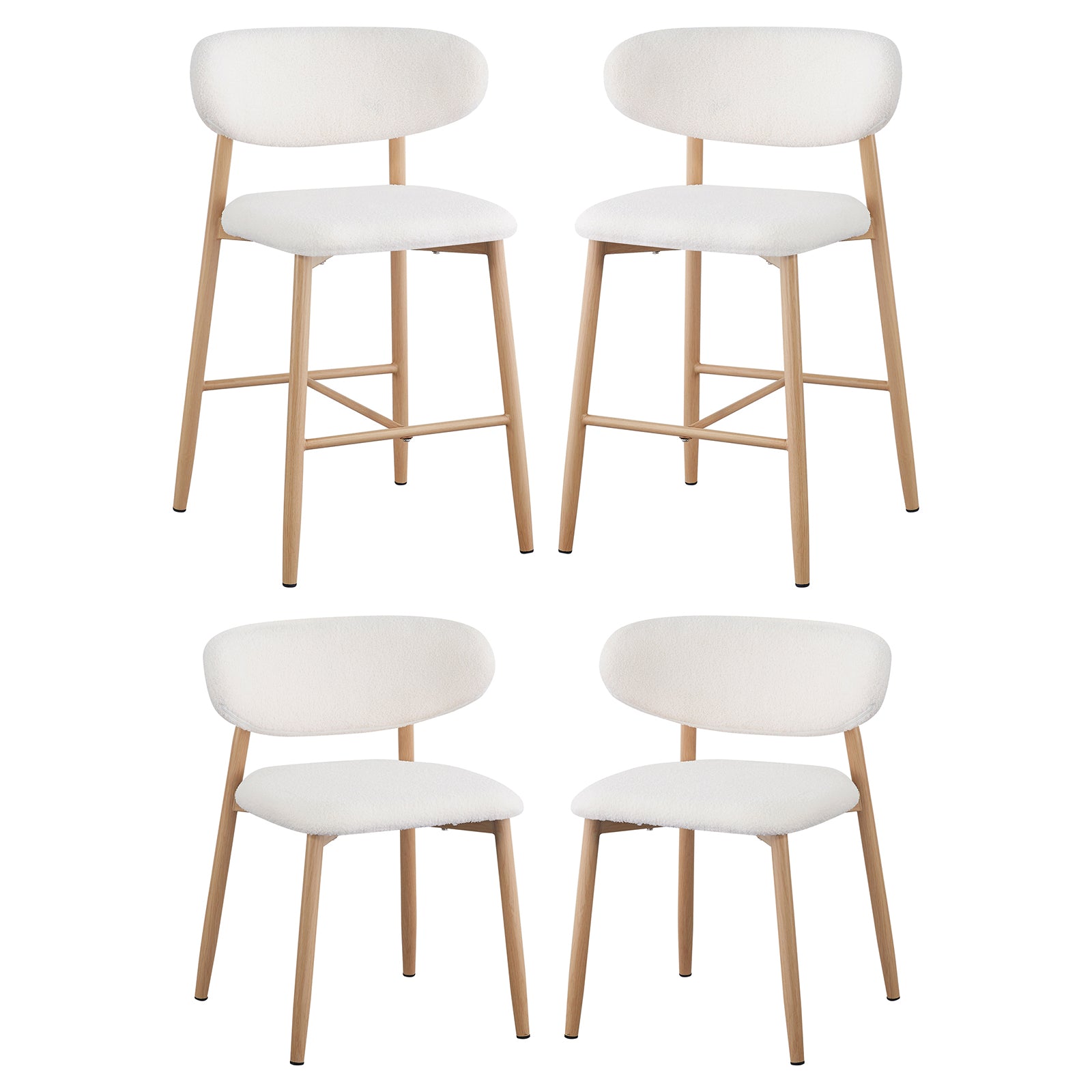 Audrey Bar Stool and Dining Chair (Set of 4) - Cream White featuring light wood frames, plush white bouclé upholstery, two counter-height stools with footrests, and two standard dining chairs with elegant gold chrome-accented legs.