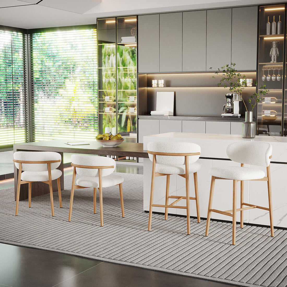 Audrey Curved Bar Stool & Dining Chair Set of 4 in Cream White, featuring two upholstered chairs and two bar stools with boucle seats, placed around a wooden table in a modern kitchen setting.