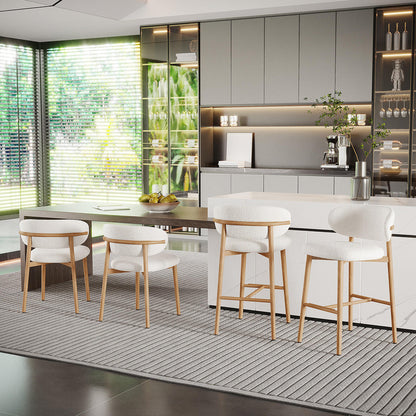 Audrey Curved Bar Stool & Dining Chair Set of 4 in Cream White, featuring two upholstered chairs and two bar stools with boucle seats, placed around a wooden table in a modern kitchen setting.