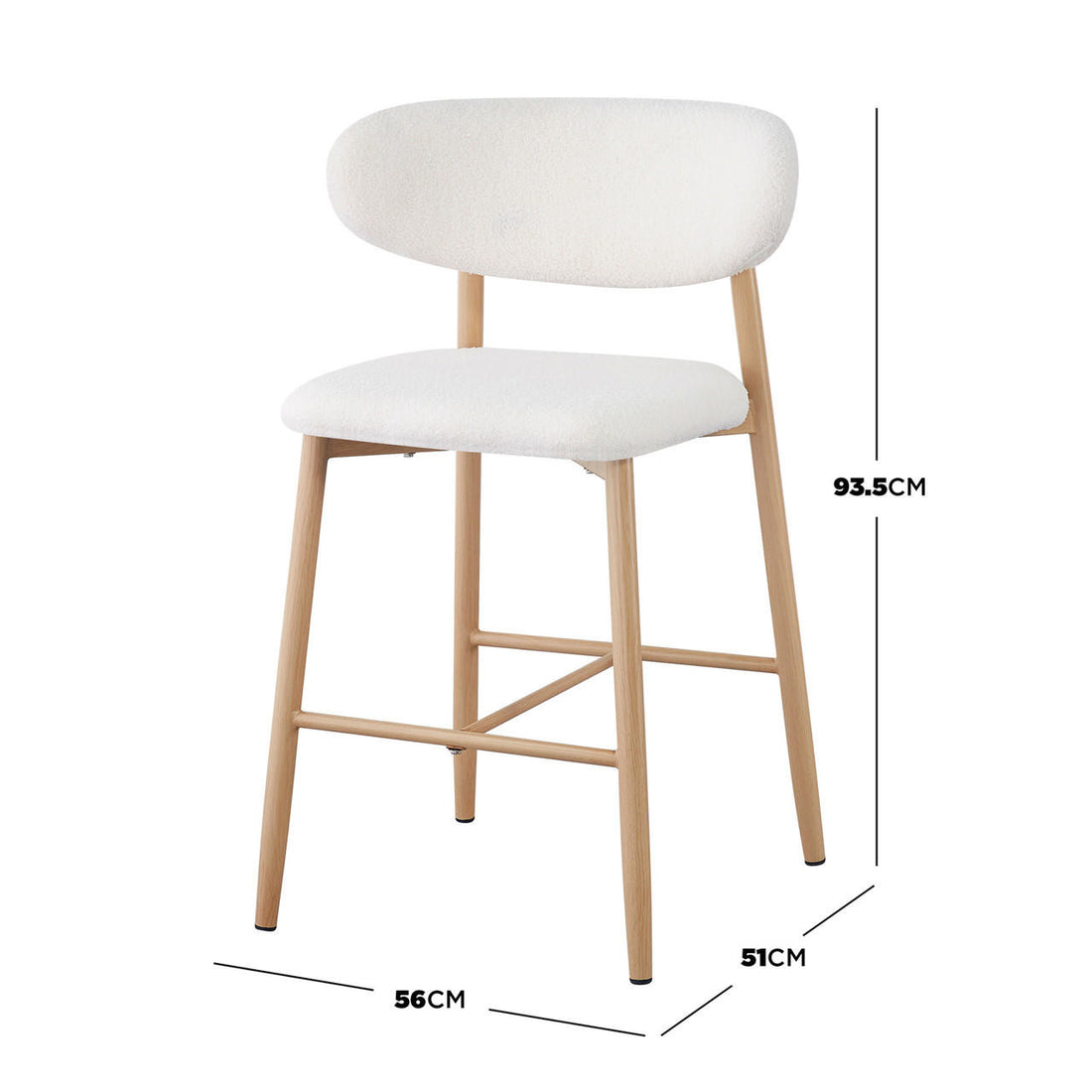 Audrey Curved Bar Stool & Dining Chair Set of 4 in Cream White, featuring modern design with light wood-look bar stool legs and fully upholstered bouclé seats, enhancing dining and kitchen spaces.
