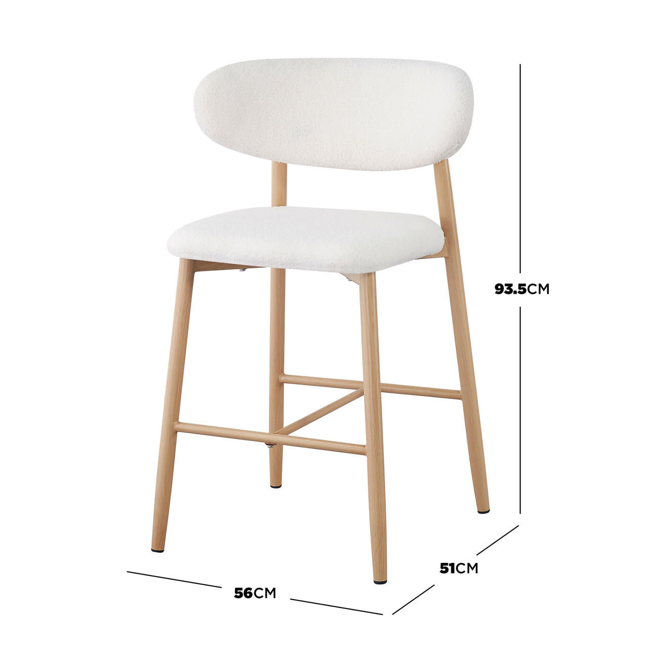 Audrey Curved Bar Stool & Dining Chair Set of 4 in Cream White, featuring modern design with light wood-look bar stool legs and fully upholstered bouclé seats, enhancing dining and kitchen spaces.