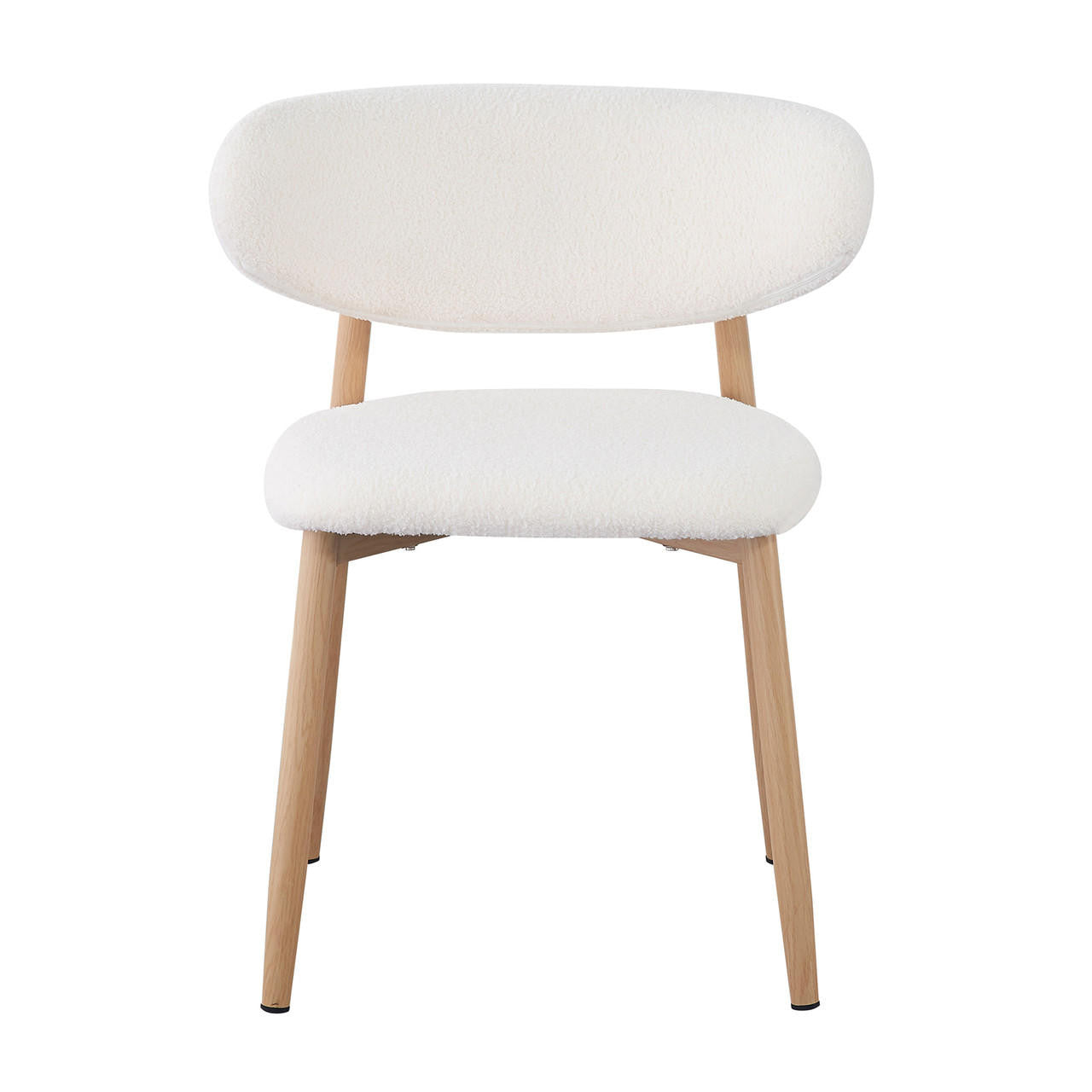 Audrey Curved Bar Stool & Dining Chair Set of 4 in Cream White, featuring a modern minimalist design with curved, padded seats in boucle fabric and gently stained wooden legs.
