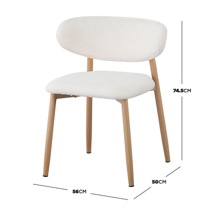 Audrey Curved Bar Stool & Dining Chair Set of 4 in Cream White features a mid-century design with boucle-upholstered seats, light wood legs, and visible dimensions, emphasizing minimalist style and functional elegance.