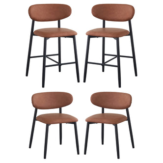 Audrey Curved Bar Stool & Dining Chair Set of 4 in Tan features two counter-height stools with footrests and two side chairs, all with brown upholstery and black metal legs.