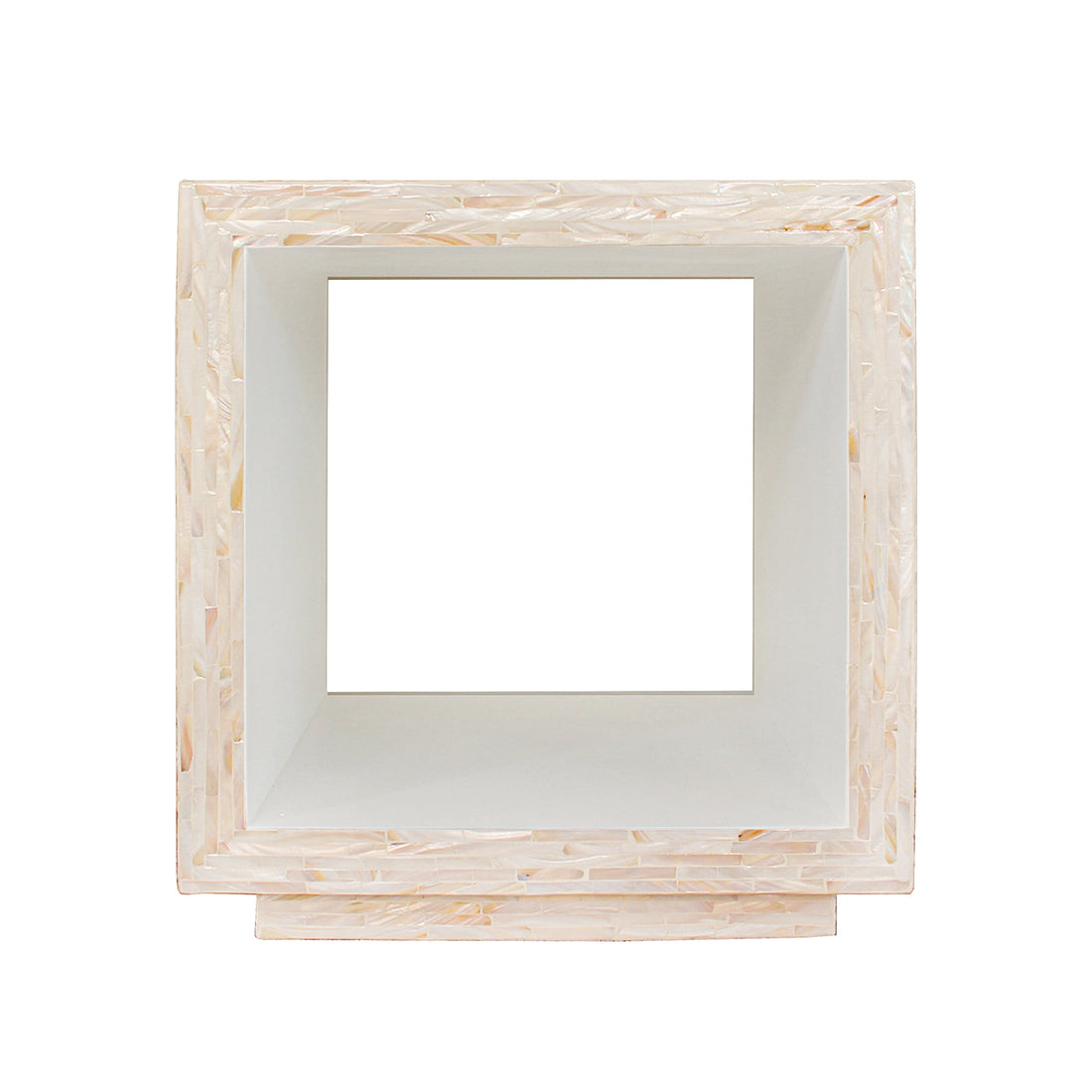 Aurora 42cm Mother of Pearl Inlay Side Table - Stripe Beige; square shadow-box frame with mother-of-pearl mosaic inlay edges and white interior, ideal for displaying small objects.