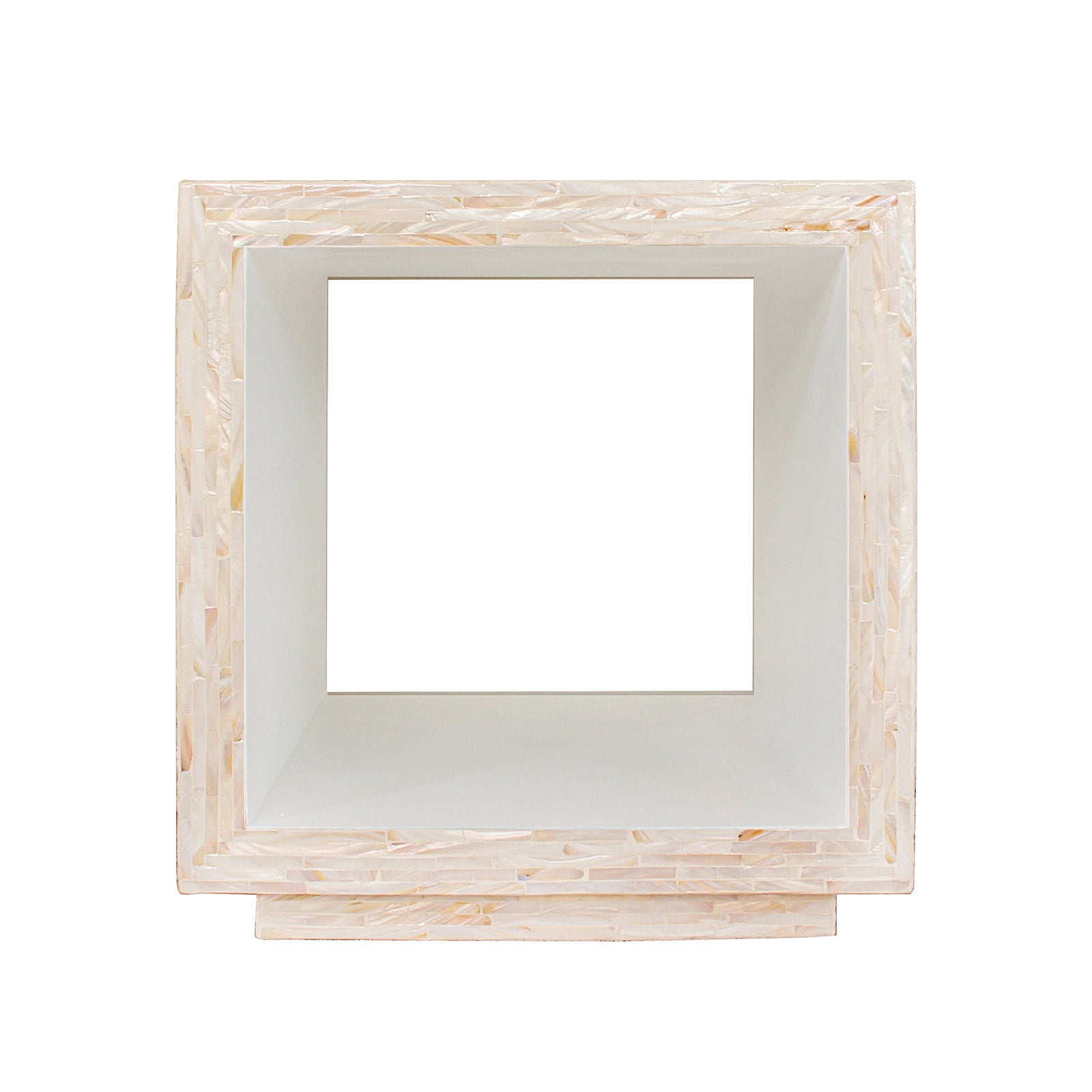 Aurora 42cm Mother of Pearl Inlay Side Table - Stripe Beige; square shadow-box frame with mother-of-pearl mosaic inlay edges and white interior, ideal for displaying small objects.