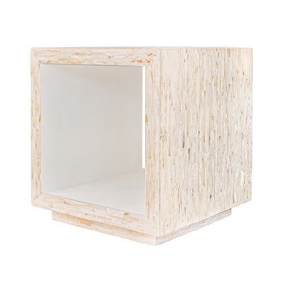 Aurora 42cm Mother of Pearl Inlay Side Table - Stripe Beige; a cube-shaped, open-front unit with a pearlescent mosaic veneer exterior and plain white interior on a matching base.