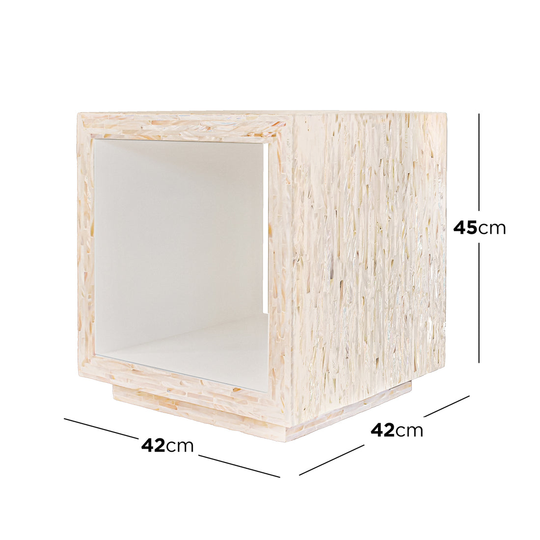 Aurora 42cm Mother of Pearl Inlay Side Table - Stripe Beige: A cube-shaped, open-faced storage module featuring a light, mosaic-like exterior, ideal for holding books or décor.