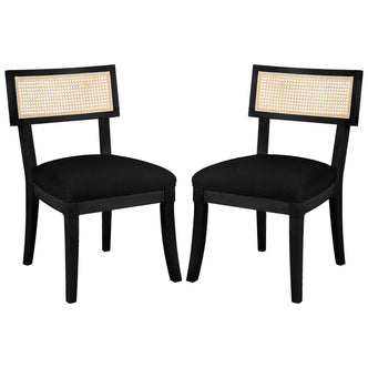 Avelino Hardwood & Rattan Dining Chair Set of 2 in Black features a modern-rustic design with dark-stained wooden frames, woven cane backrests, and plush black upholstered seat cushions, emphasizing style and comfort.